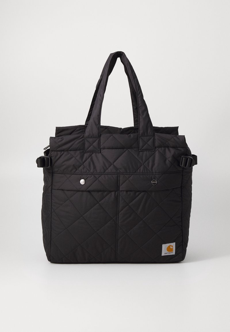 Sac fourre-tout noir matelassé avec double poignées, bandoulière réglable, poche avant avec boutons-pression et petit logo de la marque sur le côté.
