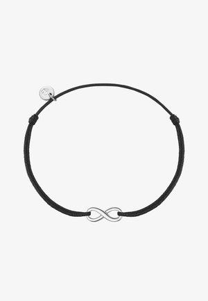 Bracelet cordon noir réglable avec un petit symbole infini en argent et un pendentif rond en argent gravé d'un cœur.