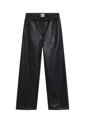 Schwarze, weit geschnittene Hose aus Kunstleder mit elastischem Bund und Kordelzug, seitlichen Taschen und kleinem Markenlabel an der Taille.