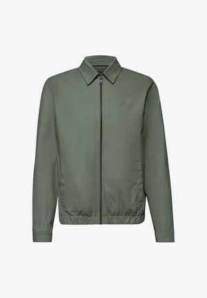 Olivgrüne Jacke mit Reißverschluss, spitzem Kragen, elastischem Bund, Seitentaschen und langen Ärmeln.