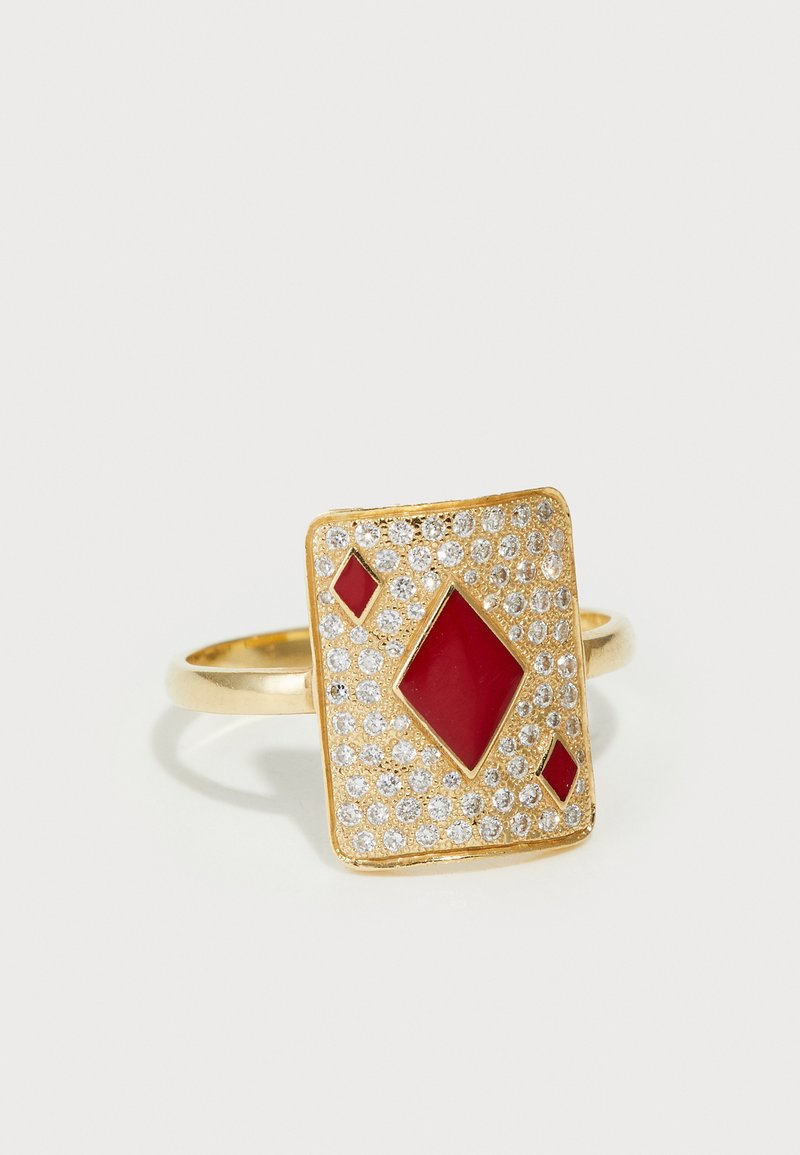 Gold ring featuring a rectangular face with red geometric accents and sparkling clear stones in a patterned arrangement. Smooth band.