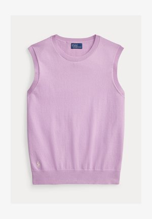 Gilet lavorato a maglia senza maniche color lilla con scollo, apertura maniche e orlo a coste, caratterizzato da un piccolo logo ricamato vicino al fondo a sinistra.