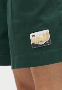 Κοντινό πλάνο πράσινων σορτς με ραμμένη ορθογώνια ετικέτα Columbia Sportswear που απεικονίζει σιλουέτα δάσους και το κείμενο «Tested Tough» και «Since 1938».