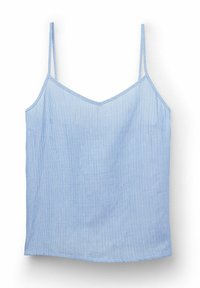 Blauw-wit gestreepte top met dunne bandjes, een V-halslijn en een losse pasvorm. Het materiaal lijkt licht en glad te zijn.
