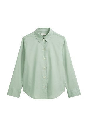 Light green button-up shirt with long sleeves, a classic collar, and a straight hem. Made from smooth, lightweight fabric.