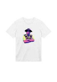 White T-shirt with colorful graphic of crossed-arm man wearing a patterned vest and wide-brimmed hat in pop art style.