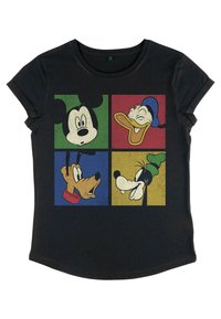 Camiseta negra de manga corta con cuatro personajes de dibujos animados: Mickey Mouse, Donald Duck, Pluto y Goofy en cuadrados coloridos.