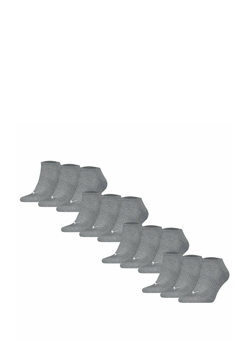 Calcetines tobilleros grises hechos de tejido de punto, con una textura acanalada y un pequeño logo en el lateral. Paquete de diez pares.