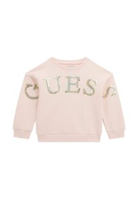 Heller rosa Langarm-Sweatshirt mit schimmernden Paillettenbuchstaben, die "GUESS" über der Brust und an den Ärmeln spell.