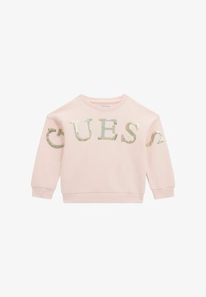 Felpa a maniche lunghe rosa chiaro con lettere in paillettes scintillanti che formano la parola "GUESS" sul petto e sulle maniche.