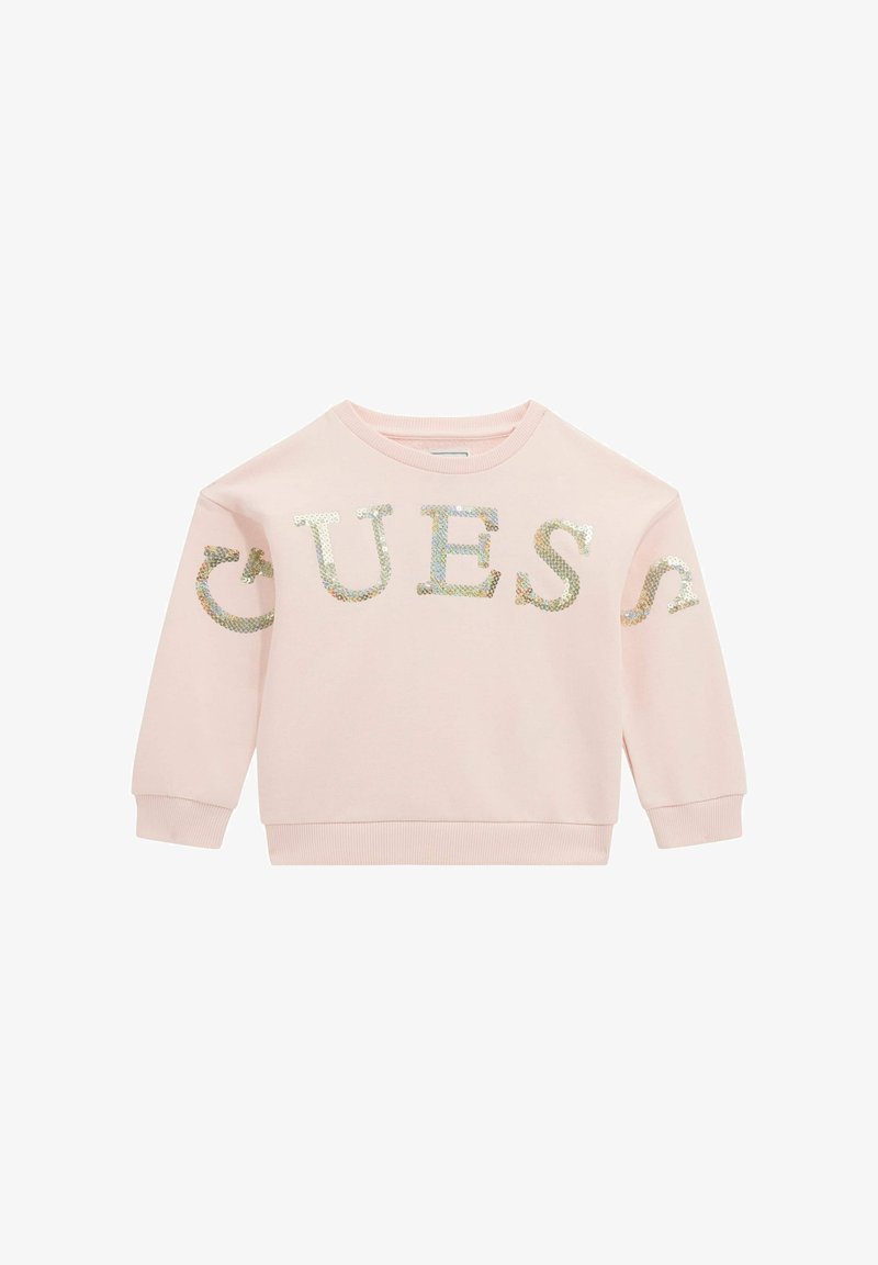 Felpa a maniche lunghe rosa chiaro con lettere in paillettes scintillanti che formano la parola "GUESS" sul petto e sulle maniche.