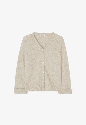 Helebeež kardigan pehmest kangast, V-kaelusega, pikkade varrukatega ja viie nupuga ees, ribaklõpsudega hem ja varrukad.