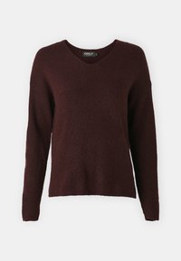 Burgundowy sweter typu v-neck z teksturowanym splotem, długimi rękawami i luźnym fasonem. Metka czyta "ONLY".