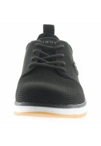Black sneaker with a textured mesh upper, lace-up front, padded tongue, and contrasting white sole. Features a pull tab at the back.