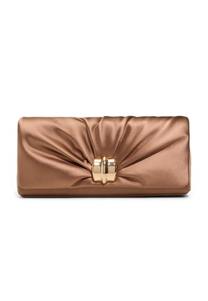 Bronze satin clutch purse with gathered fabric design and central gold metallic clasp, set against a white background.