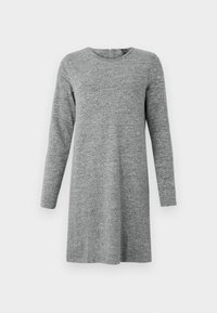 Long-sleeve, light grey, knit sweater dress with a round neckline and a back zipper closure.