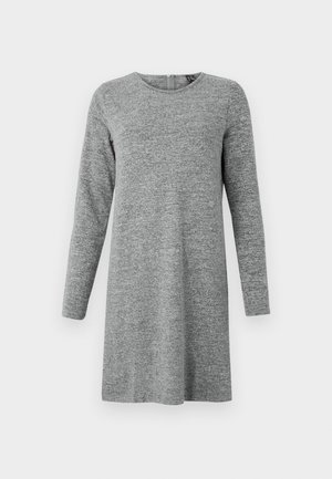 Long-sleeve, light grey, knit sweater dress with a round neckline and a back zipper closure.