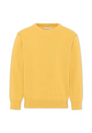 Maglione giallo a maniche lunghe in maglia con scollo tondo e polsini e orlo a coste, disteso su sfondo bianco.