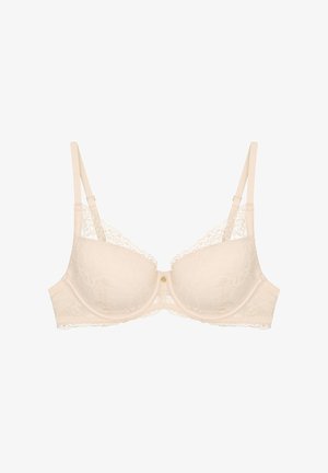 Beżowy stanik z fiszbinami, ozdobiony falbaniastym wykończeniem, regulowanymi ramiączkami oraz małym zapięciem z przodu. Gładki materiał i kwiatowy wzór.