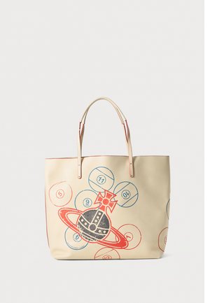 Beige tote bag with red and blue numbered circles and a red and black planetary design featuring rings and a cross emblem.