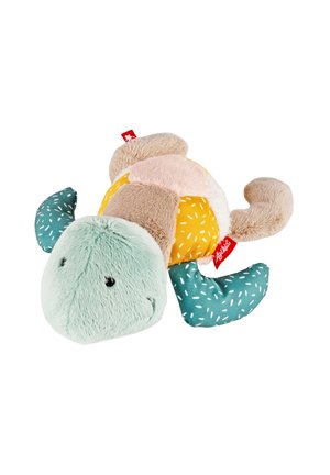 Jouet en peluche douce en forme de tortue avec carapace bicolore jaune, beige et rose, nageoires vertes avec des traits blancs et un visage souriant.