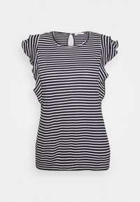 Blusa de manga corta a rayas horizontales en blanco y negro con detalles de volantes en las mangas y un pequeño botón de cierre en forma de llave en la parte posterior.