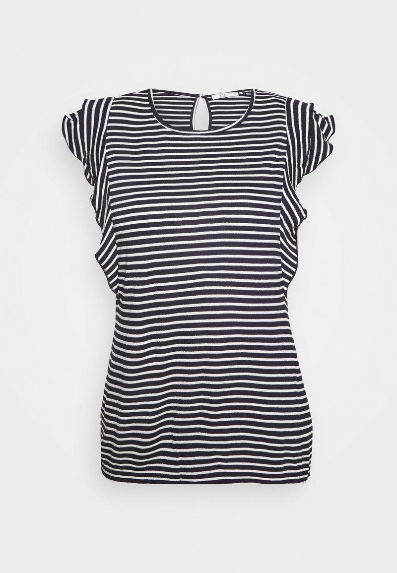 Blusa de manga corta a rayas horizontales en blanco y negro con detalles de volantes en las mangas y un pequeño botón de cierre en forma de llave en la parte posterior.