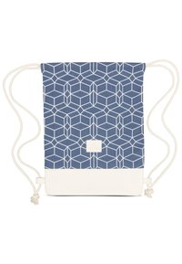 Blue drawstring bag with a geometric white pattern, made of durable fabric, featuring a white bottom panel and adjustable cords.