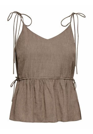 Ermeløs brun teksturert bluse med V-hals, knytebånd på skuldre og sider, og en rynket peplum-midje.