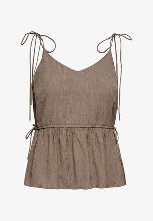 Ermeløs brun teksturert bluse med V-hals, knytebånd på skuldre og sider, og en rynket peplum-midje.