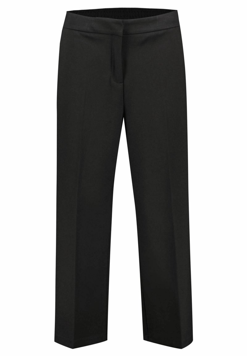 Pantalon de costume noir à jambes droites avec une ceinture plate et une fermeture éclair frontale, présenté sur un fond blanc.