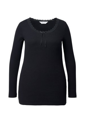 Haut noir à manches longues avec une texture côtelée, col en dentelle festonné et un accent en noeud au niveau du décolleté. Design ajusté classique.