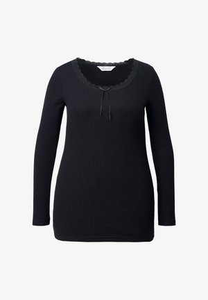 Schwarzes Langarmtop mit gerippter Textur, gewelltem Spitzenkragen und einer Schleifenakzent am Ausschnitt. Klassisches, tailliertes Design.