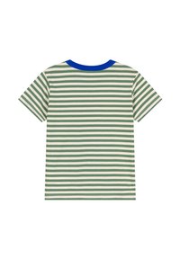 Groene en witte gestreepte t-shirt met een blauwe ribbelkraag. Korte mouwen en een relaxte pasvorm. Gladde katoenstof met een casual ontwerp.