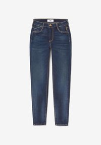 Jeans ajustados en denim azul oscuro, con un diseño clásico de cinco bolsillos, costuras visibles y cierre con botón en la parte superior.