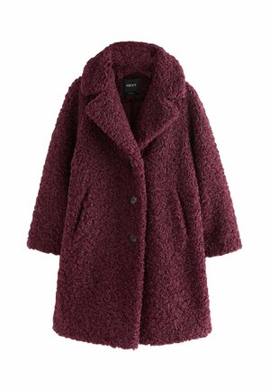 Manteau teddy effet laine bordeaux avec large col à revers, trois boutons et poches latérales, longueur genou, conçu pour la chaleur et le style.