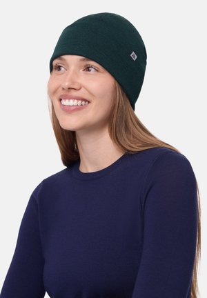 Dark green beanie hat in a soft, textured fabric, fitted shape, with a small gray logo tag. Worn with a navy blue long-sleeve shirt.