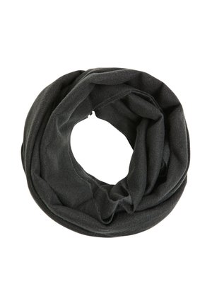Sciarpa circolare di colore grigio scuro, realizzata in tessuto morbido. Presenta una texture liscia con un design leggero e senza motivi o accenti visibili.
