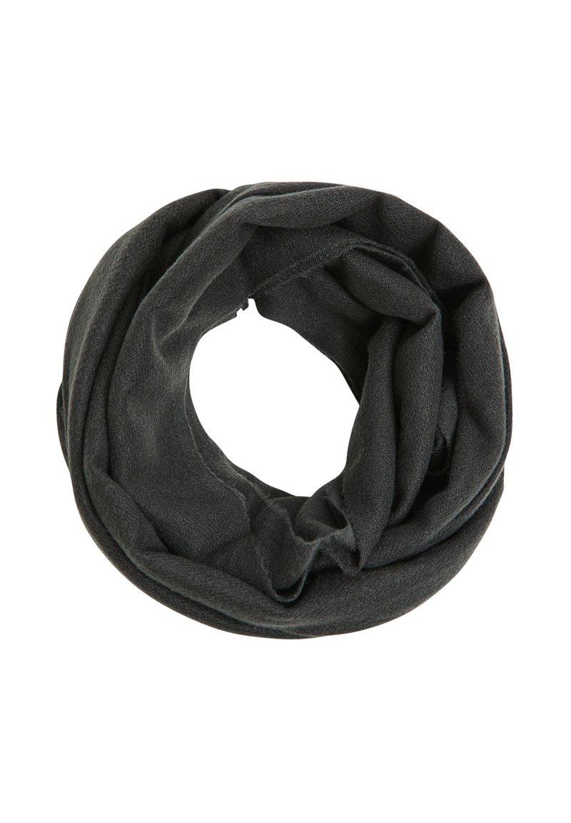 Okrągły szalik w ciemnoszarym kolorze, wykonany z miękkiego materiału. Charakteryzuje się gładką strukturą, lekką konstrukcją i brakiem widocznych wzorów lub akcentów.