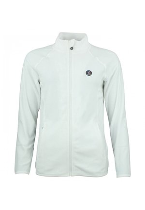 Witte fleecejas met een hoge kraag, volledige ritssluiting en raglanmouwen. Heeft een logo op de linkerborst en zijzakken. Gladde textuur.
