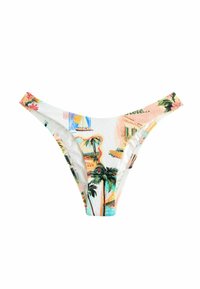 Bawełniane bikini z tropikalnym nadrukiem, przedstawiającym palmy i żaglówki, wykonane z fakturowanej tkaniny, w przeważającej bieli z żywymi kolorami.