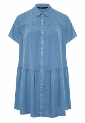 Kurzärmeliges blaues Denim-Knopfkleid mit Kragen, geraffter Taille und weiter Passform.