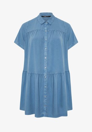 Blauwe denim jurk met korte mouwen, knoopsluiting, kraag, ceintuur taille en losse pasvorm.