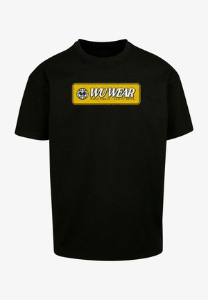 Black cotton t-shirt featuring a rectangular yellow logo print that reads "WUWear" with a globe icon and "WORLD FAMOUS / QUALITY GOODS".