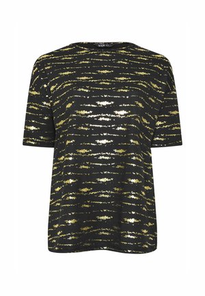 Black t-shirt featuring gold and silver metallic stripes. Short sleeves, round neckline, and slightly loose fit. Textured surface.