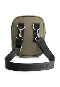 Green fabric crossbody bag with a rectangular shape, featuring metal hardware, black strap with embossed "B.A.L.R." logo, and zipper closure.