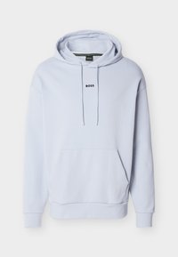 Ανοιχτό γαλάζιο φούτερ με κουκούλα από μείγμα βαμβακιού, με τσέπη καγκουρό, κουκούλα με κορδόνι και μικρό μαύρο λογότυπο 'BOSS' στο στήθος.