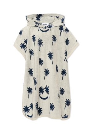 Poncho serviette à capuche beige avec motifs de palmiers bleu marine, manches courtes et coupe ample.