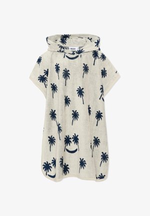 Poncho serviette à capuche beige avec motifs de palmiers bleu marine, manches courtes et coupe ample.