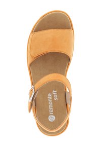 Orange suede sandal with two wide, adjustable straps, cushioned footbed, and a silver buckle. Features removable insole.